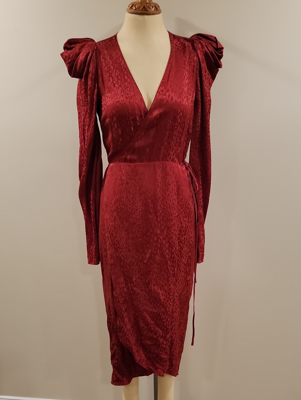 A.L.C. Deep Red Wrap Midi Dress with Statement Shoulders
